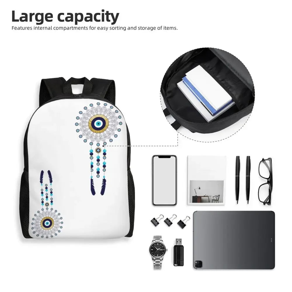 Custom Navy Blue White Mediterranean Evil Eye Mandala Pattern Backpacks Men Casual Bookbag for School College Bohemian Boho Bags