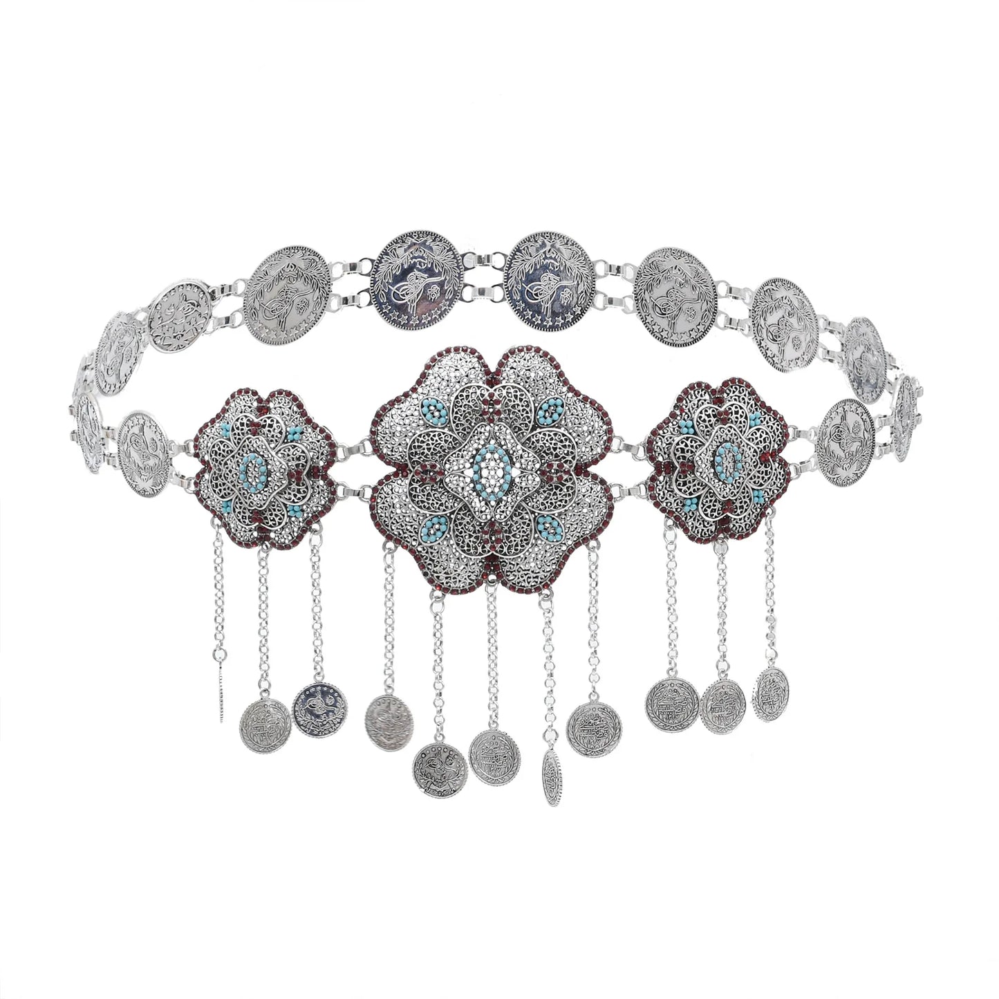 Hollow Out Flower Coins Chain Pendant Belt for Women Rhinestone Waist Chains Jewelry India Gypsy Dance Dress Accessories Gift