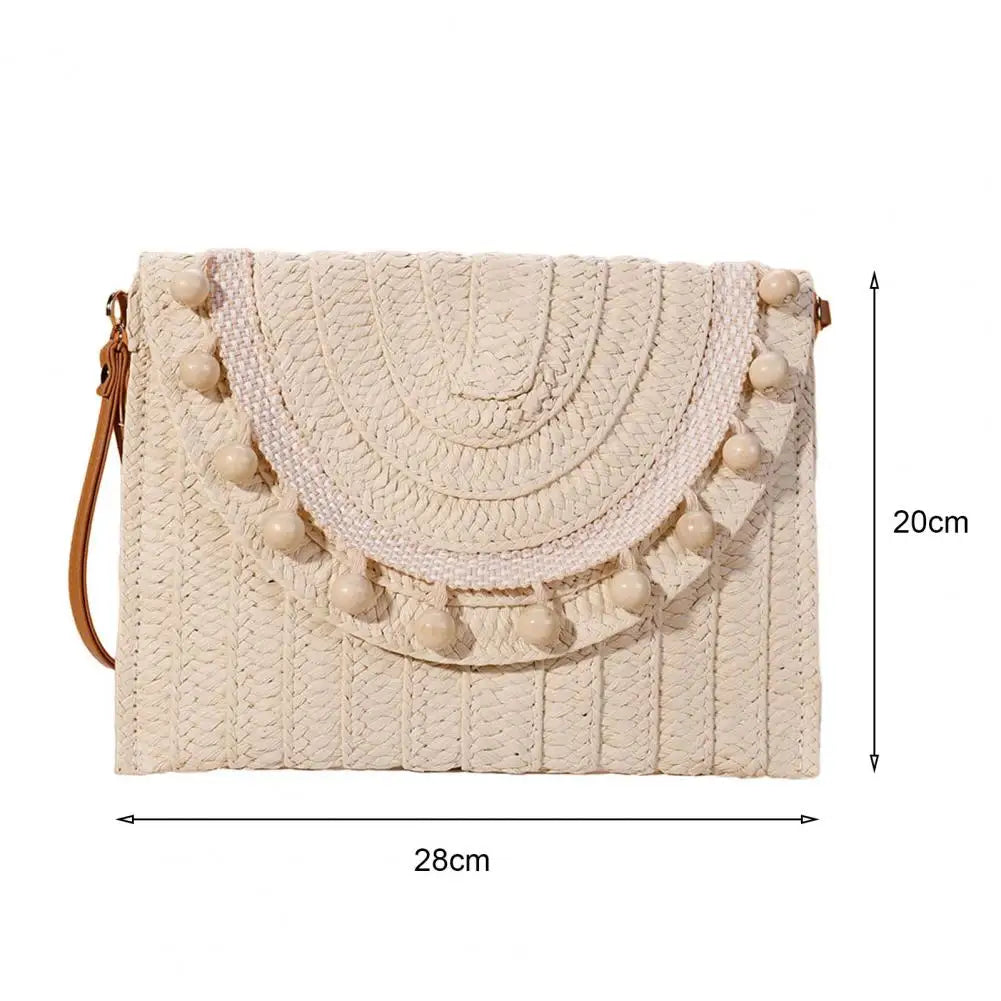 Handmade Straw Shoulder Bag with Beads Bohemian Style Large Capacity Crossbody Wallet Combo Magnetic Clasp Wallet Crossbody Bag