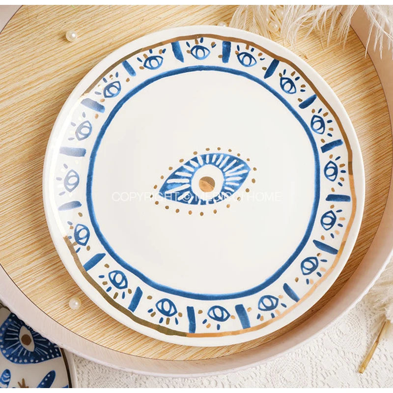 Medicci Home GG Style Decor Bright Eyes Ceramic Dinner Plate Boho Art Ornate Round Salad Dessert Plate For Party 8 Inch Diameter