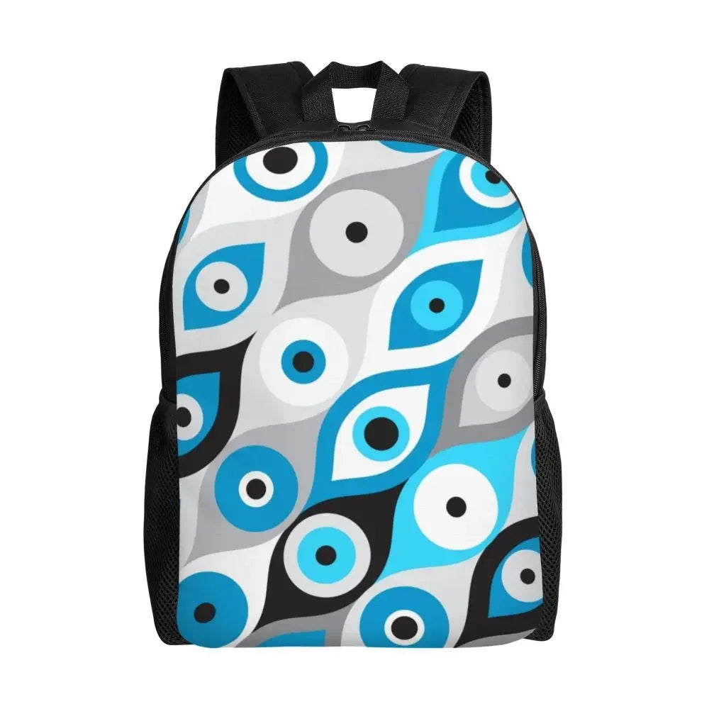 Custom Navy Blue White Mediterranean Evil Eye Mandala Pattern Backpacks Men Casual Bookbag for School College Bohemian Boho Bags