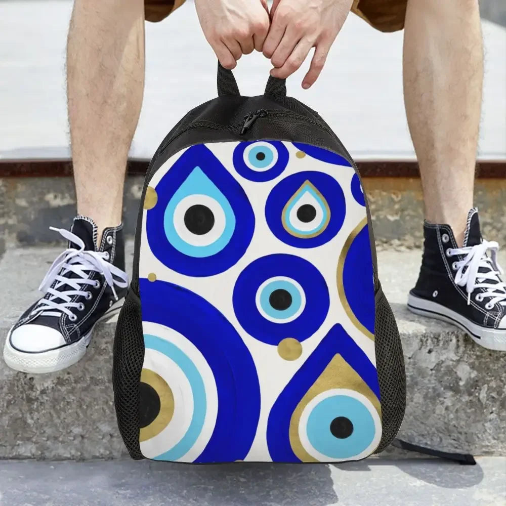 Custom Navy Blue White Mediterranean Evil Eye Mandala Pattern Backpacks Men Casual Bookbag for School College Bohemian Boho Bags