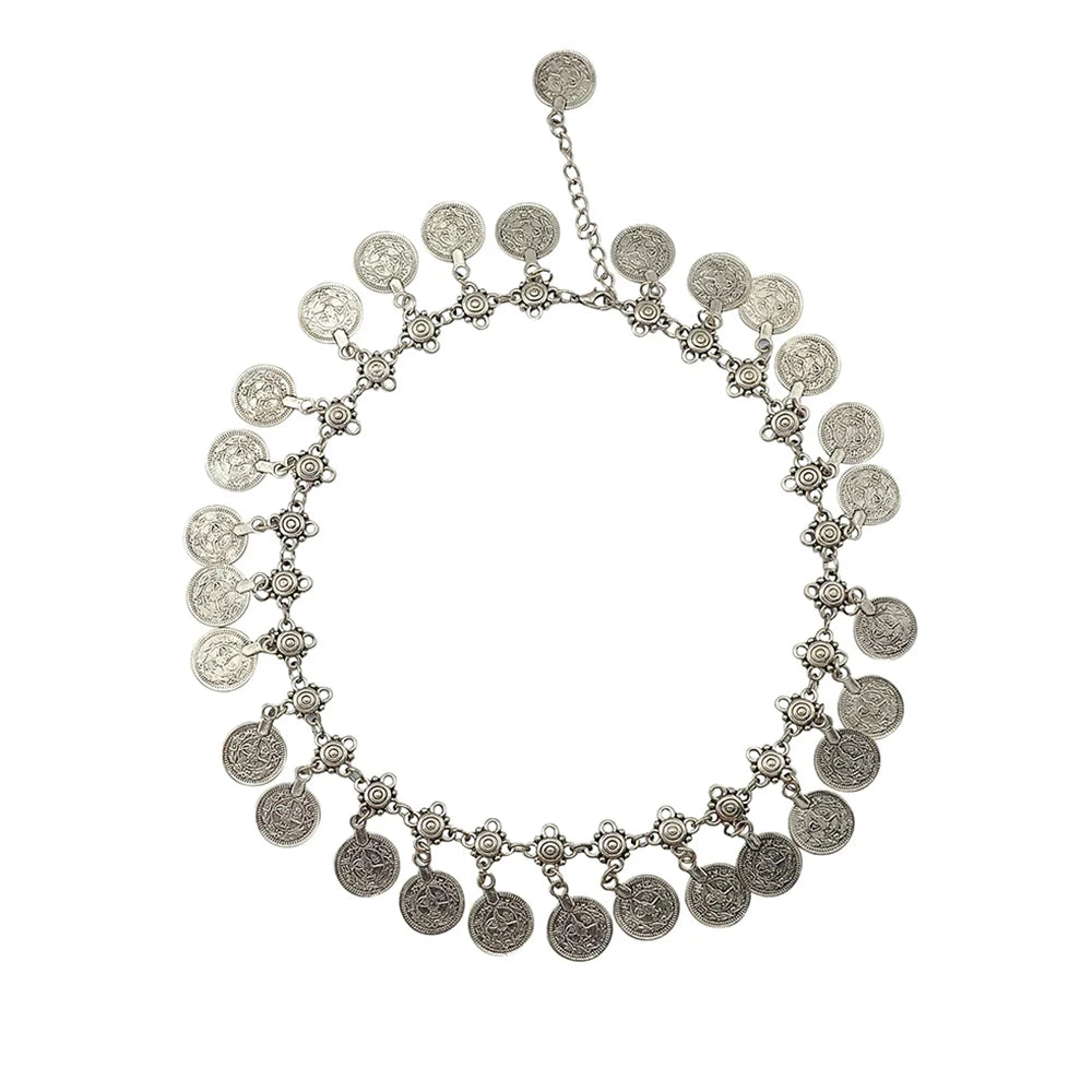 Boho Ethnic Turkish Gypsy Tribal Indian Beach Choker Bib Coin Tassel Collares Necklace For Women Vintage Silvery Afghan Jewelry