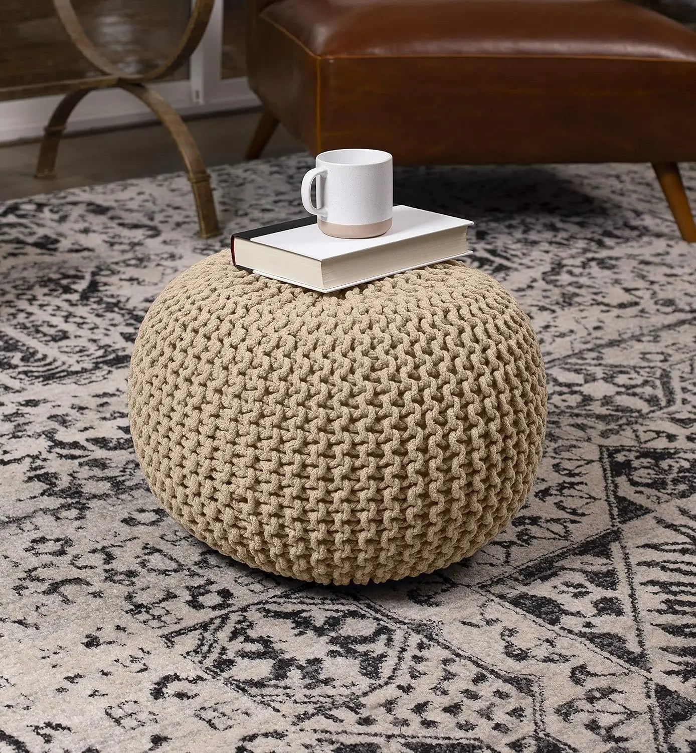 Round Pouf Ottoman | Cotton Braided Foot Stool with Bean Bag Filling | Boho Foot Rest for Living Room,Lightweight & Soft Natural