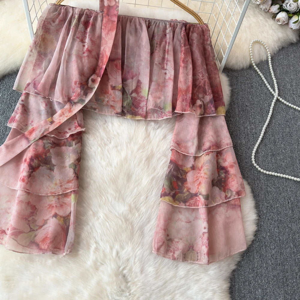 Holiday Ruffles Beach Skirts Suit Women Fashion Off Shoulder Floral Chiffon Tops  High Waist Mini Skirt Womens Two Peice Sets