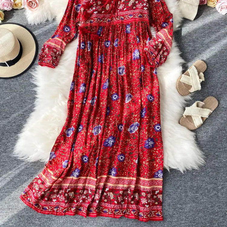 Vintage Women's Beach Skirt Dress Long Sleeve Floral Print Beach Bohemian Straight V-neck Maxi Dress Summer Ladies Dress