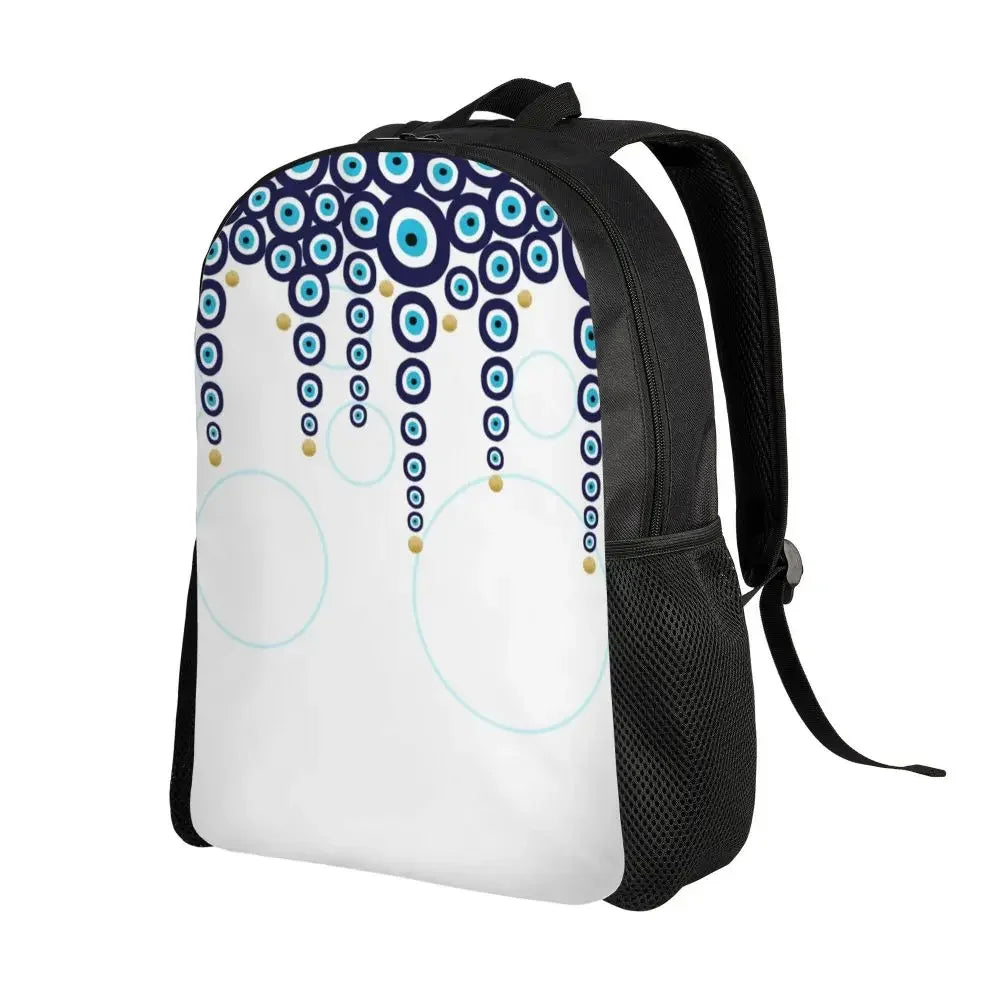 Custom Navy Blue White Mediterranean Evil Eye Mandala Pattern Backpacks Men Casual Bookbag for School College Bohemian Boho Bags