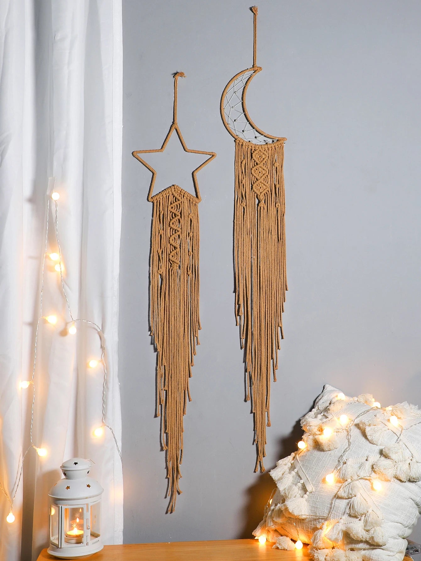 2Pcs Moon Star Macrame Dream Catcher Beige Pink Purple Tapestry Boho Home Decoration Macrame Wall Hanging Christmas Gift Kawaii
