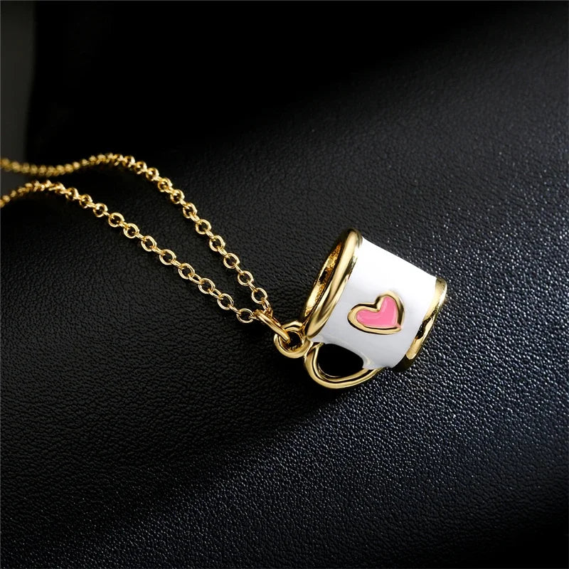 Boho Hand Made Tea Cup Necklace Pendant Woman Collier Long Gold Color Sweater Chain Clothing Enamel Collane Jewelry New
