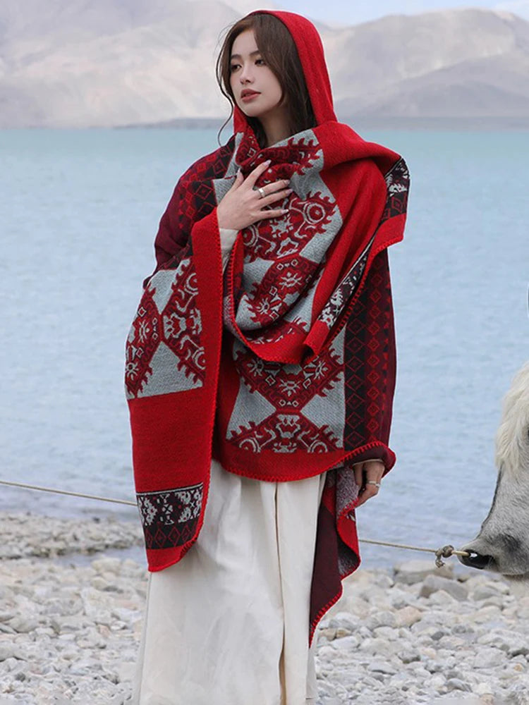Jastie Retro Ethnic Large Shawl Ladies Fashion New Travel Knitted Hooded Poncho Women Boho Autumn Winter Warm Printed Cape Coats
