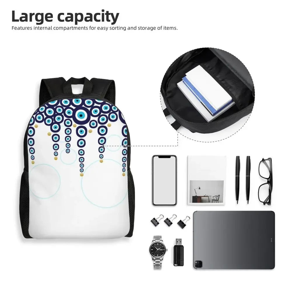 Custom Navy Blue White Mediterranean Evil Eye Mandala Pattern Backpacks Men Casual Bookbag for School College Bohemian Boho Bags