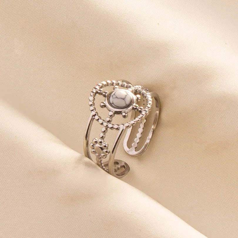 Chic Bohemian White Turquoise Statement Silver Color Ring Stainless Steel Opening Adjustable Boho Ring Jewelry Gifts Never Fade