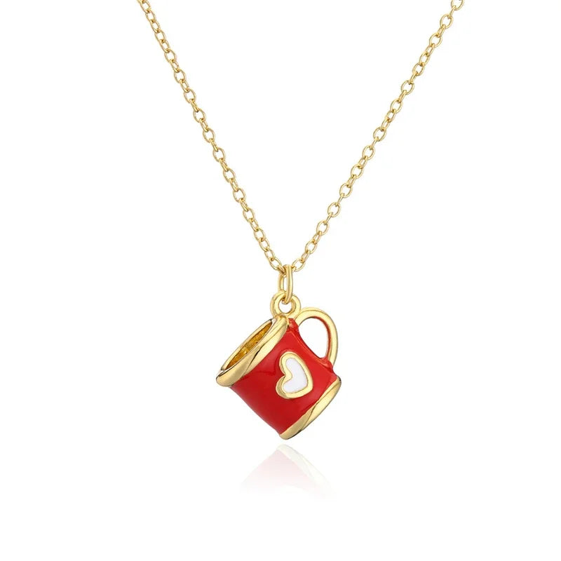 Boho Hand Made Tea Cup Necklace Pendant Woman Collier Long Gold Color Sweater Chain Clothing Enamel Collane Jewelry New