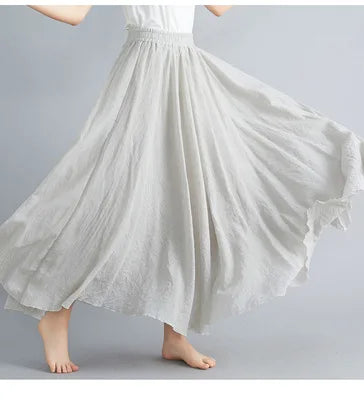High Quality Cotton Linen Maxi Skirt Womens Casual Elastic High Waist Pleated A-Line Beach Skirts Boho Saia Feminina Faldas Jupe