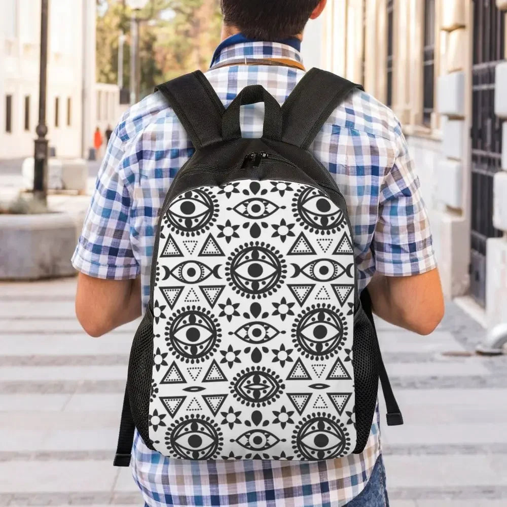 Custom Navy Blue White Mediterranean Evil Eye Mandala Pattern Backpacks Men Casual Bookbag for School College Bohemian Boho Bags