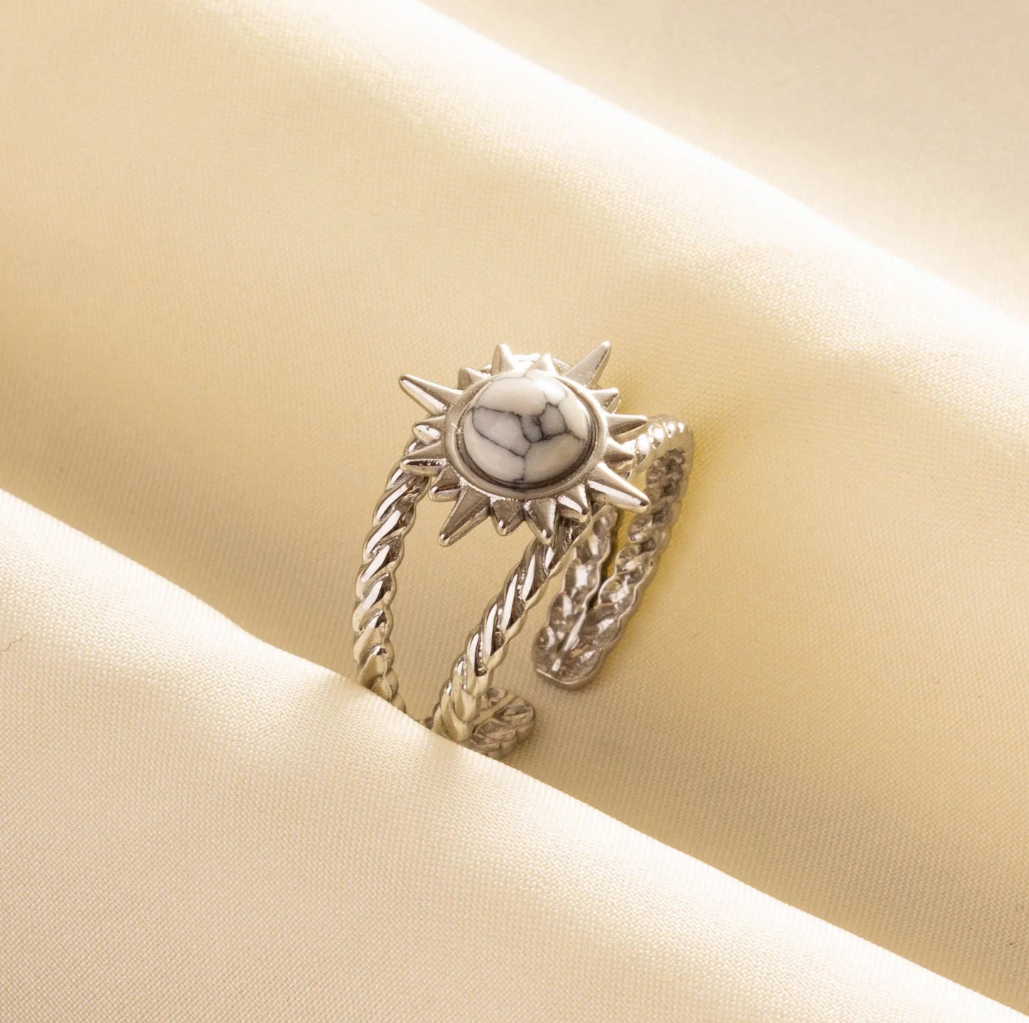 Chic Bohemian White Turquoise Statement Silver Color Ring Stainless Steel Opening Adjustable Boho Ring Jewelry Gifts Never Fade
