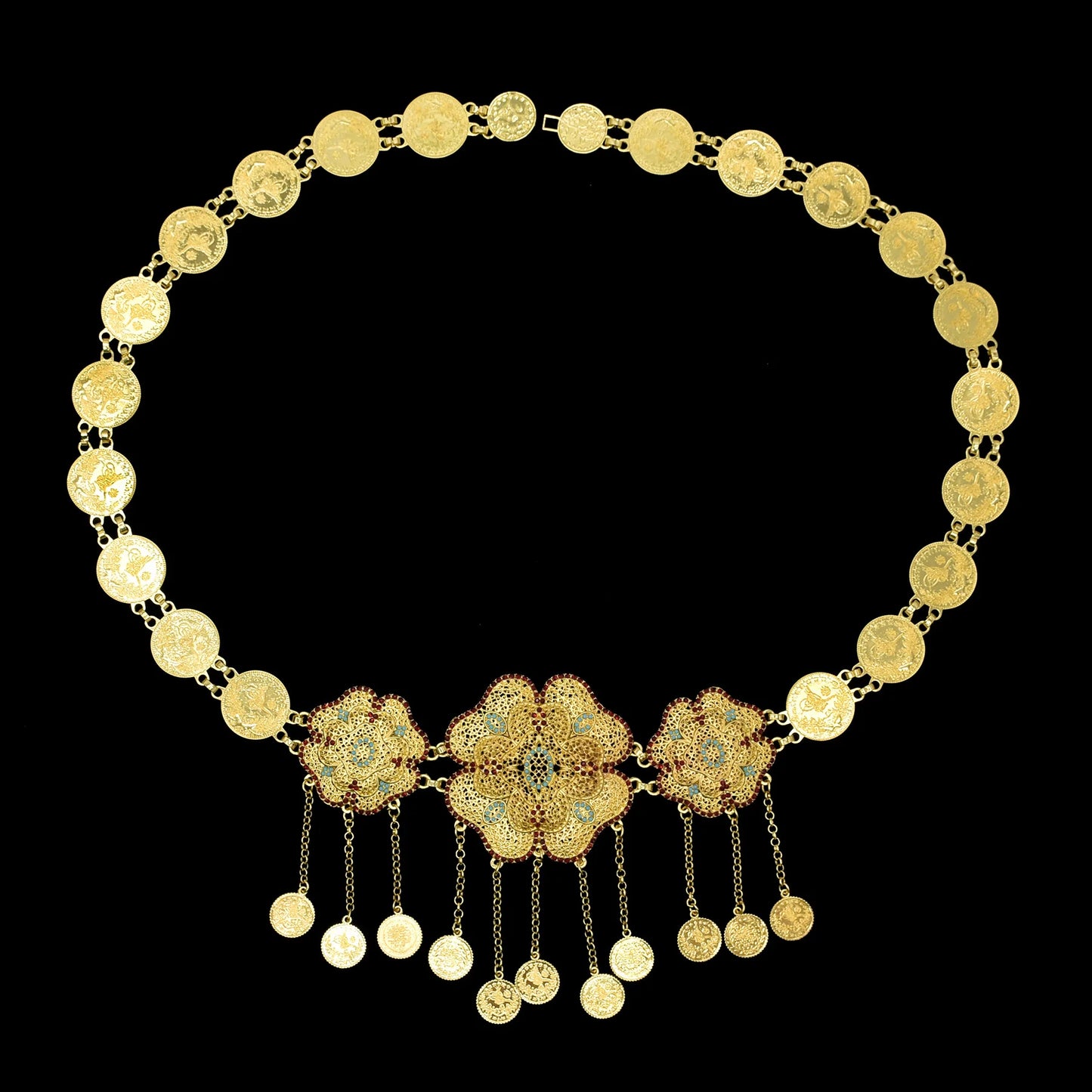 Hollow Out Flower Coins Chain Pendant Belt for Women Rhinestone Waist Chains Jewelry India Gypsy Dance Dress Accessories Gift