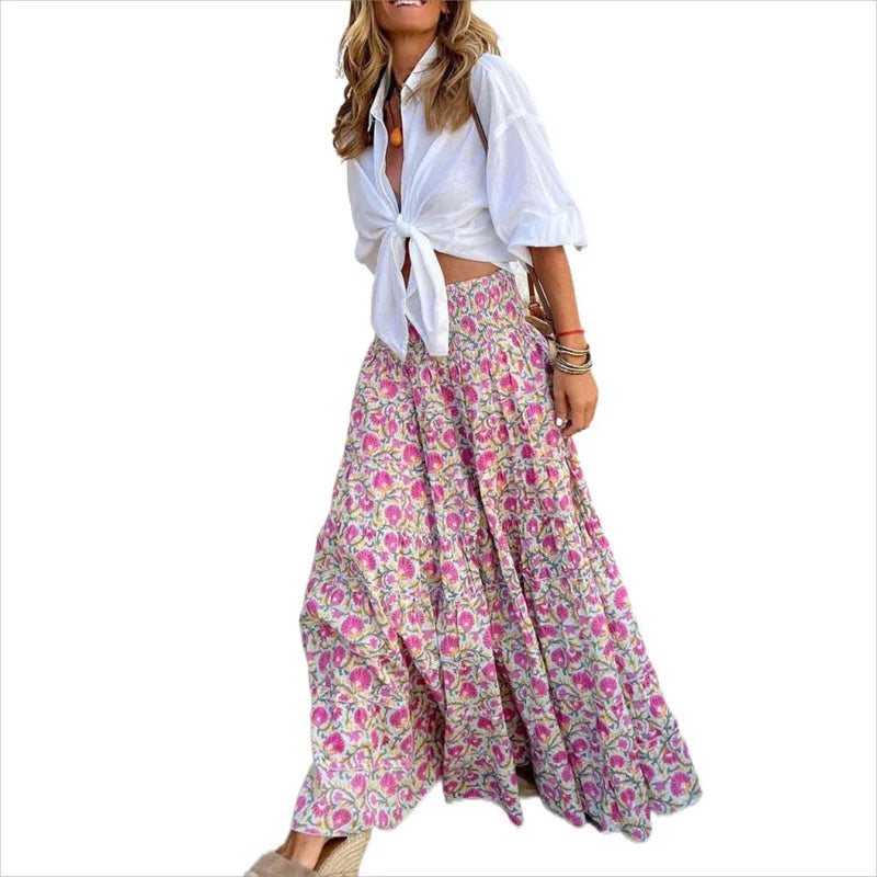 Women Summer Long Skirt Boho Print Skirt Female Floral Beach Maxi Skirts Ladies Vintage Loose Elastic Waist Party Holiday Skirt