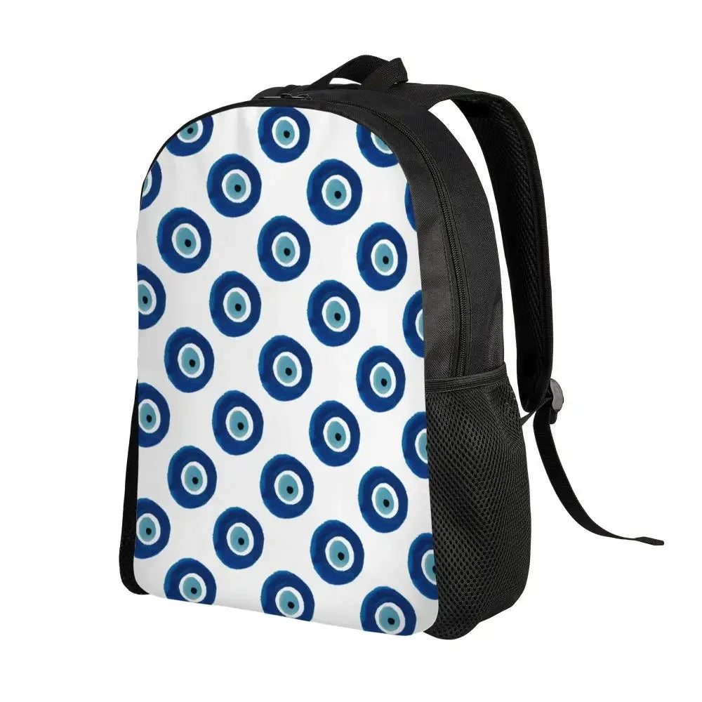 Custom Navy Blue White Mediterranean Evil Eye Mandala Pattern Backpacks Men Casual Bookbag for School College Bohemian Boho Bags