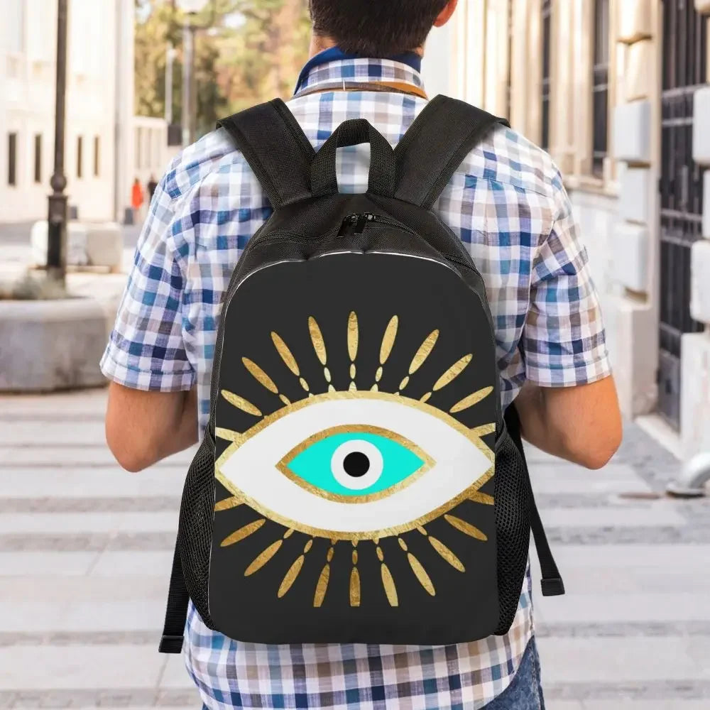 Custom Navy Blue White Mediterranean Evil Eye Mandala Pattern Backpacks Men Casual Bookbag for School College Bohemian Boho Bags
