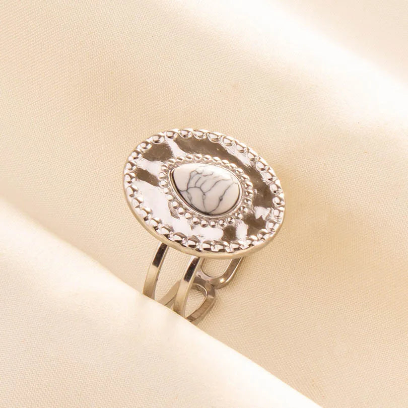 Chic Bohemian White Turquoise Statement Silver Color Ring Stainless Steel Opening Adjustable Boho Ring Jewelry Gifts Never Fade