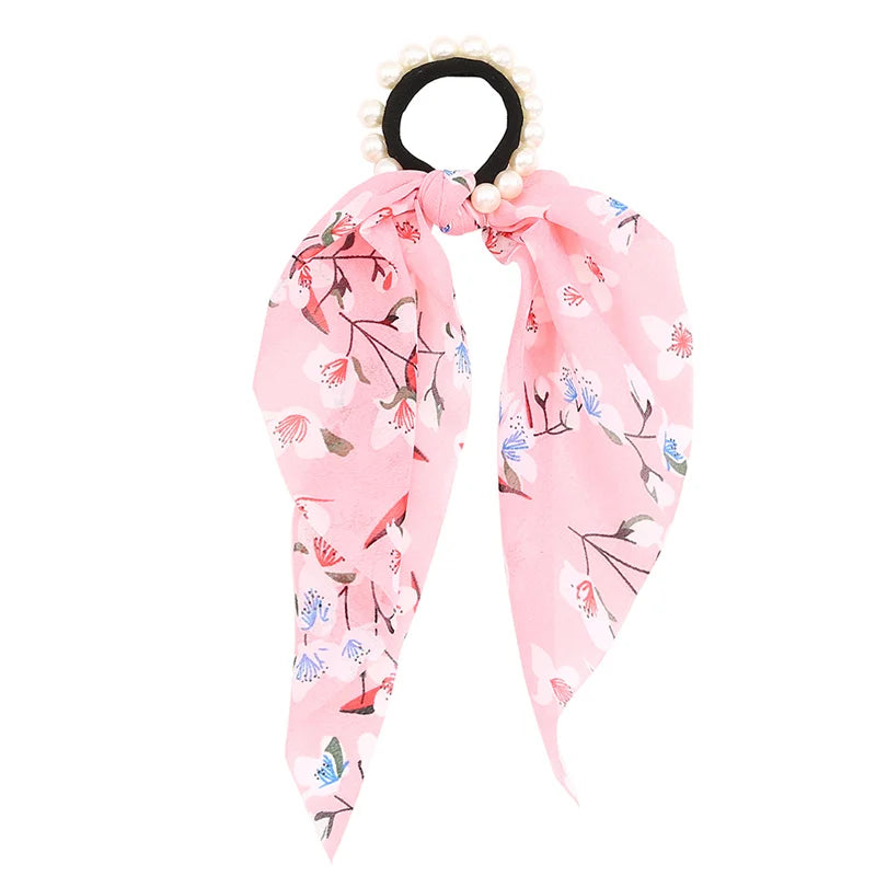 Bohemian Fashion Flower Printed Satin Elastic Long Ribbon Hair Bands Ponytail Scarf Hair Tie Women Scrunchies Hair Accessories