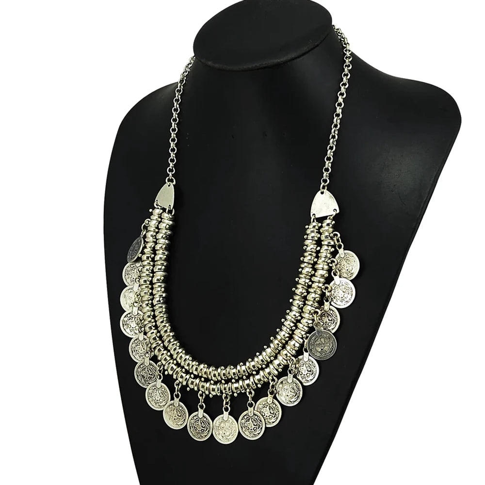 Boho Ethnic Turkish Gypsy Tribal Indian Beach Choker Bib Coin Tassel Collares Necklace For Women Vintage Silvery Afghan Jewelry