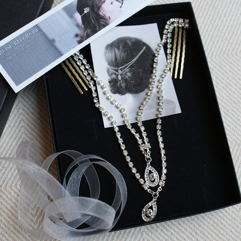 Gorgeous Lady Wedding Hair Comb Chain Water Drop Boho Tiara Accessories Charming Pendant Rhinestone Headdress Jewelry for Bridal