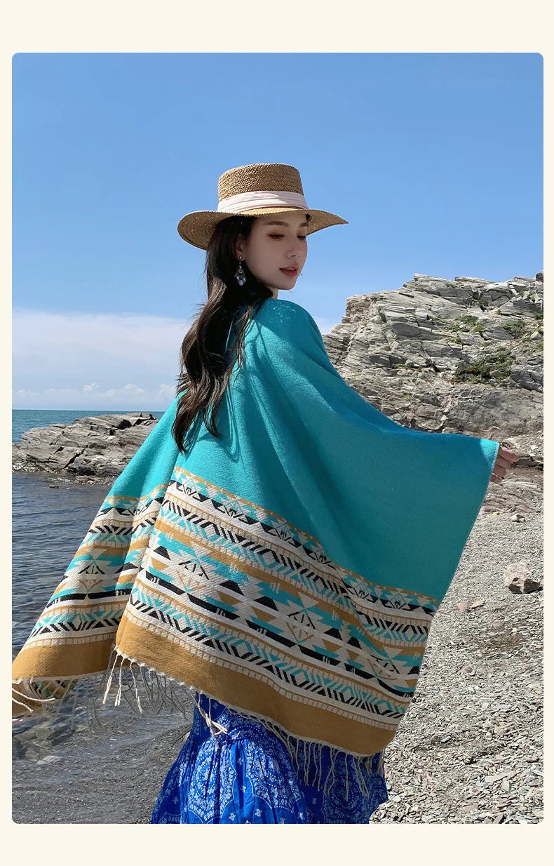 WeHello - Bohemian shawl tie dyed stripe overlay, imitation cashmere cape ethnic style warmth overlay with scarf