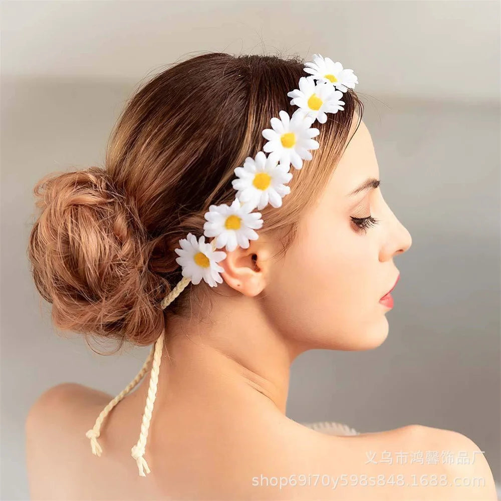 Floral Fall Boho Sunflower Crown Daisy Hair Wreath Headband Bridal Wreath Headpiece Flower Girl Headdress Props for Wedding