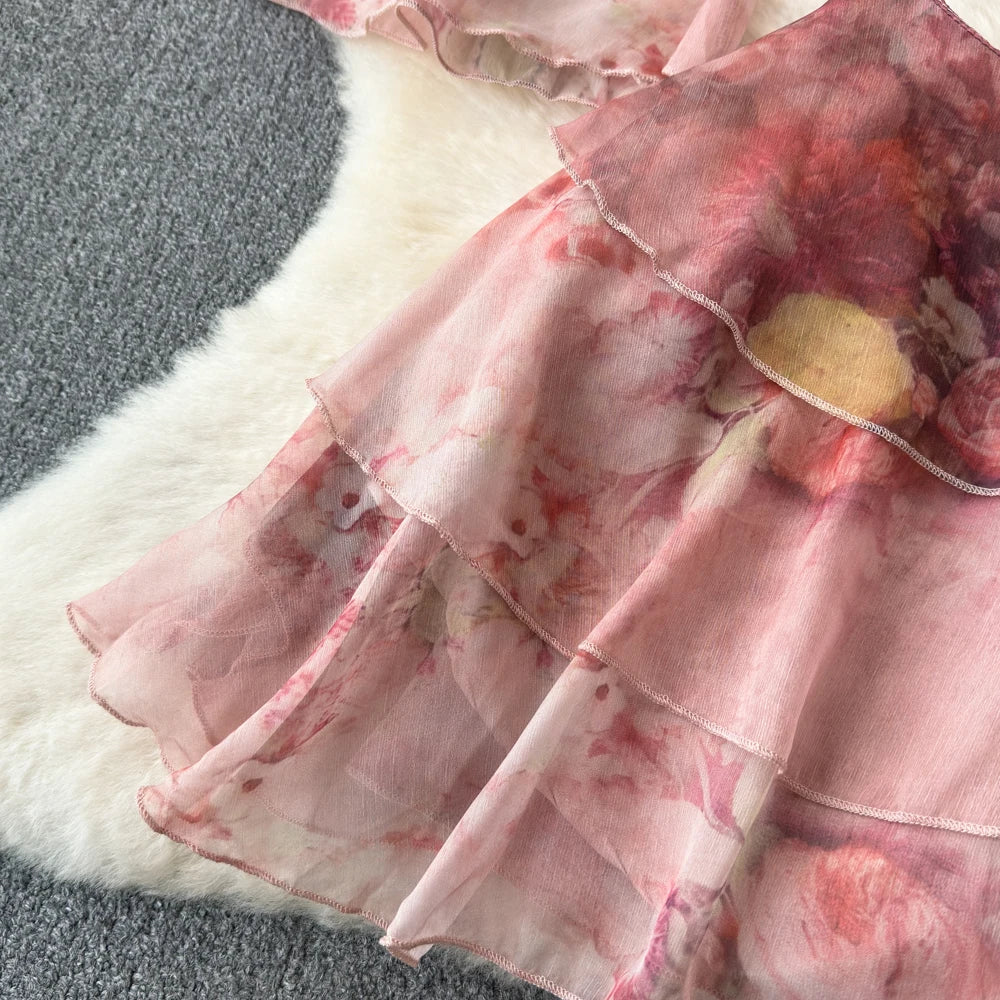 Holiday Ruffles Beach Skirts Suit Women Fashion Off Shoulder Floral Chiffon Tops  High Waist Mini Skirt Womens Two Peice Sets