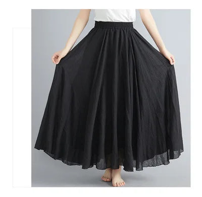 High Quality Cotton Linen Maxi Skirt Womens Casual Elastic High Waist Pleated A-Line Beach Skirts Boho Saia Feminina Faldas Jupe