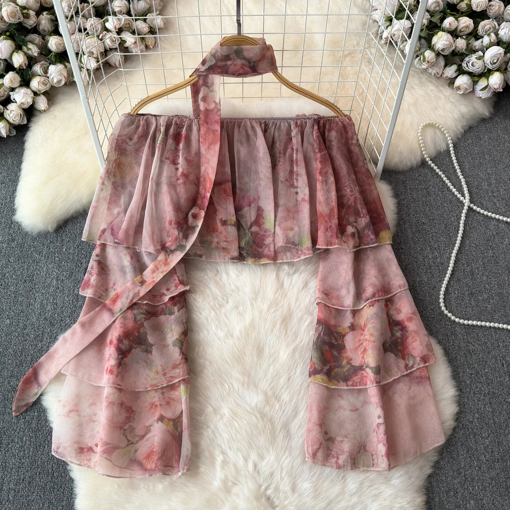 Holiday Ruffles Beach Skirts Suit Women Fashion Off Shoulder Floral Chiffon Tops  High Waist Mini Skirt Womens Two Peice Sets