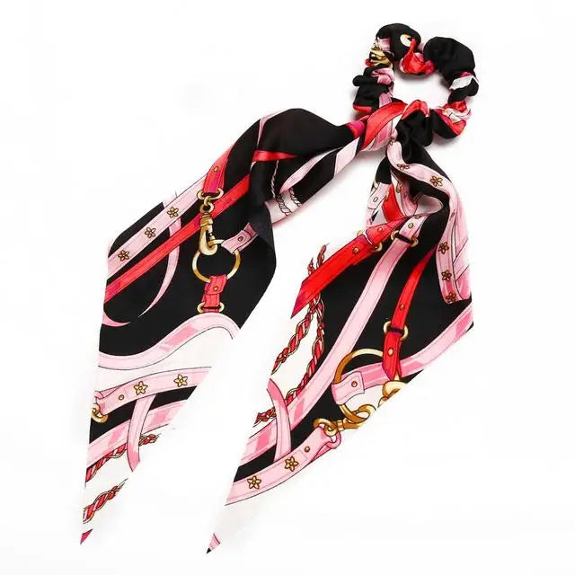 Bohemian Fashion Flower Printed Satin Elastic Long Ribbon Hair Bands Ponytail Scarf Hair Tie Women Scrunchies Hair Accessories