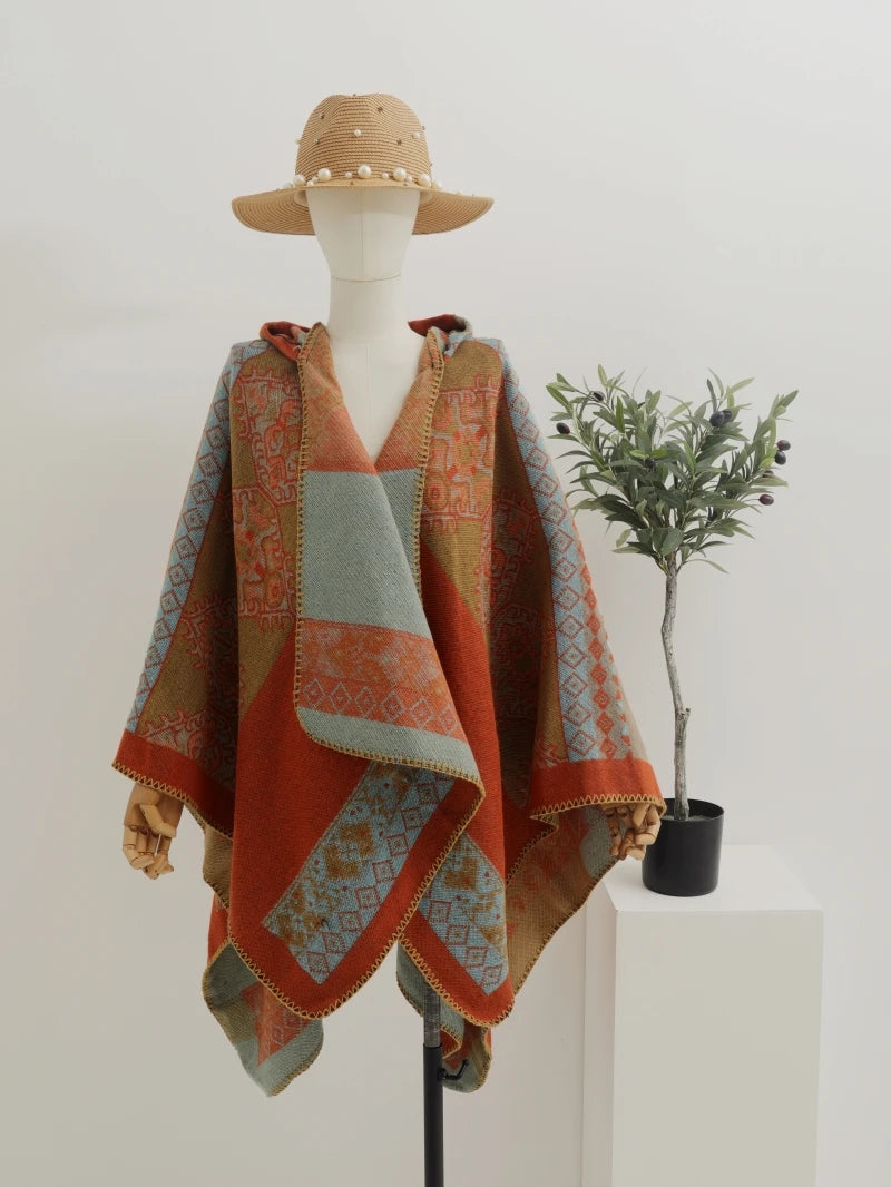 Jastie Retro Ethnic Large Shawl Ladies Fashion New Travel Knitted Hooded Poncho Women Boho Autumn Winter Warm Printed Cape Coats
