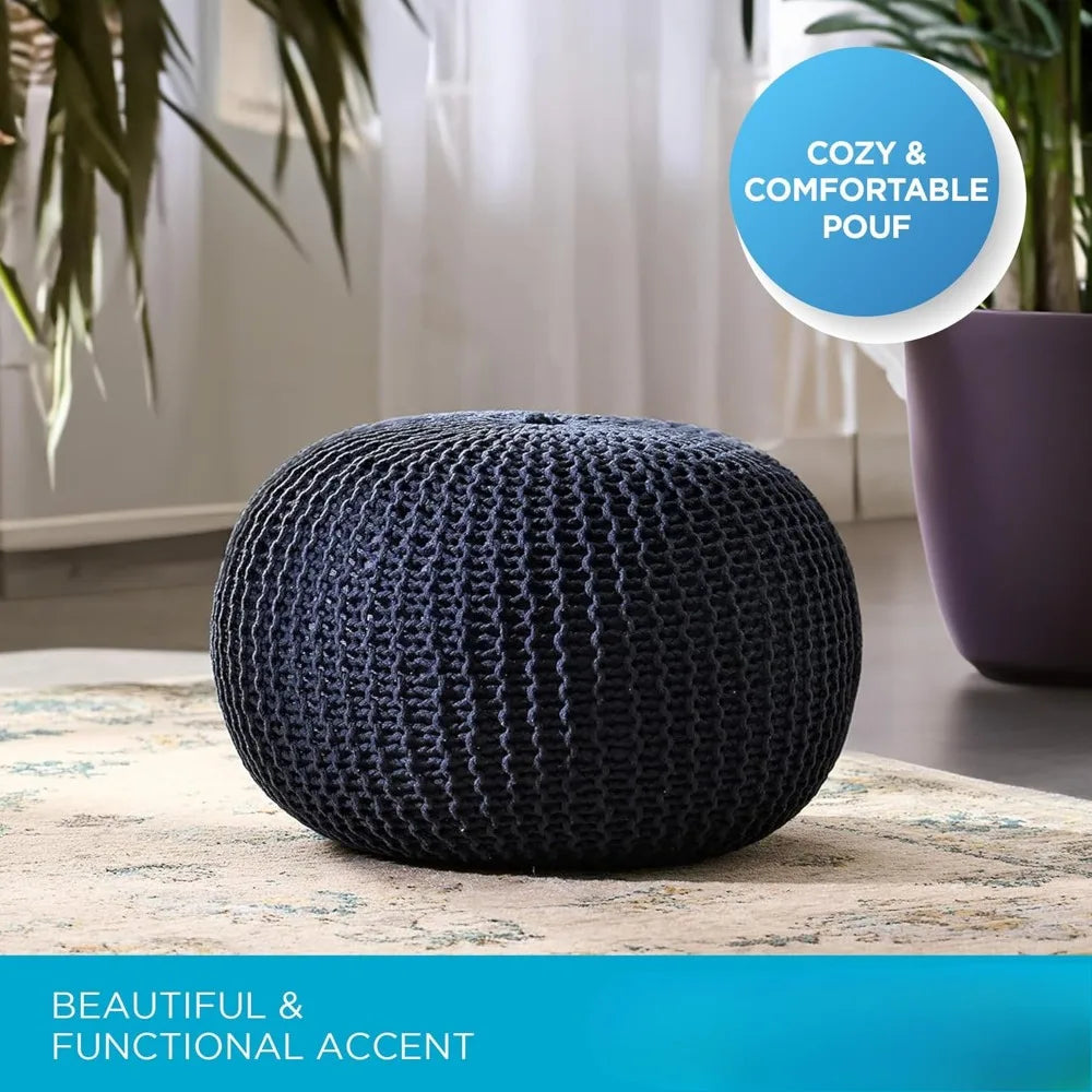 Round Pouf Ottoman Cotton Braided Foot Stool with Bean Bag Filling Boho Foot Rest for Living Room & Bedroom