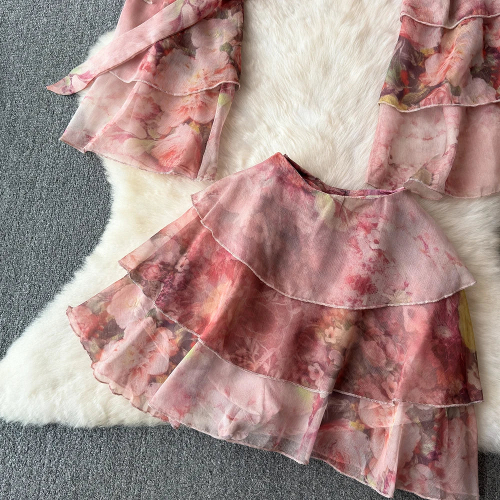 Holiday Ruffles Beach Skirts Suit Women Fashion Off Shoulder Floral Chiffon Tops  High Waist Mini Skirt Womens Two Peice Sets