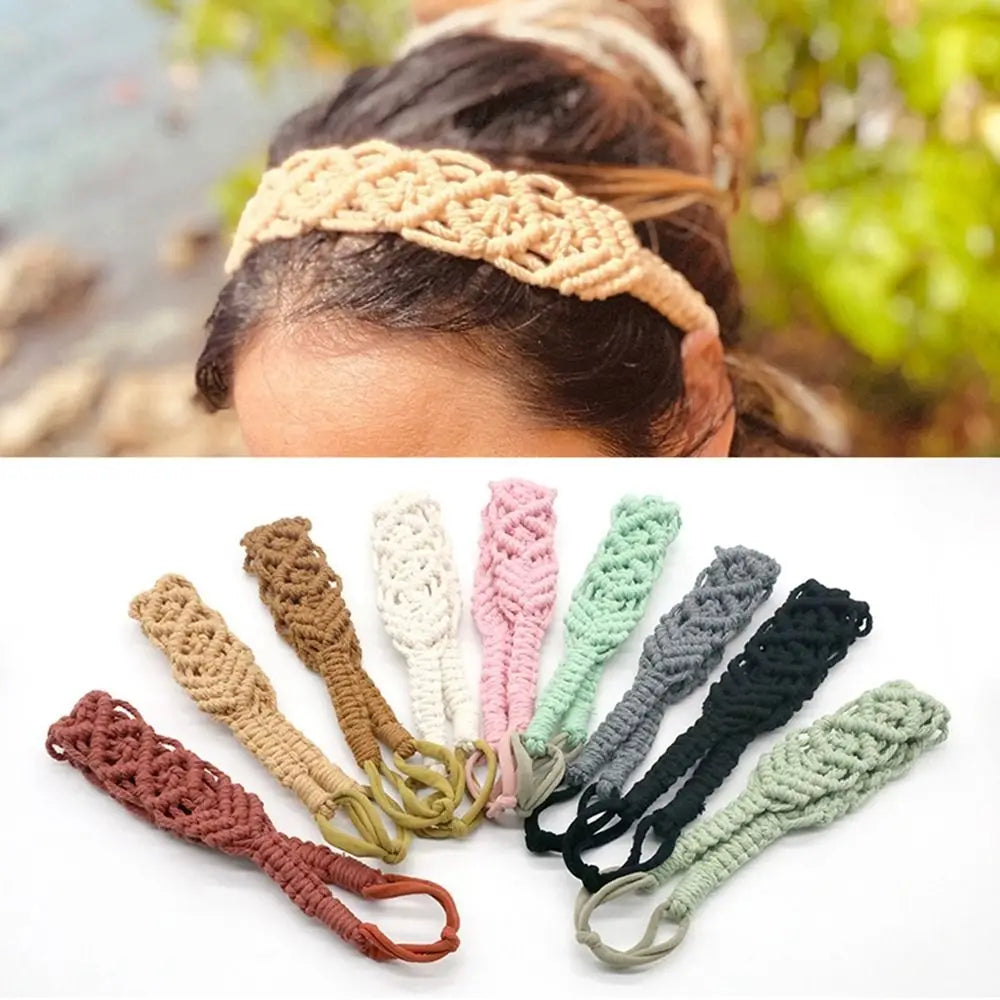Cute Ethnic Style Flower Turban Headwrap Braided Rope Bohemian Headband Macrame Hair Band Women Hair Scarf Crochet Bandana