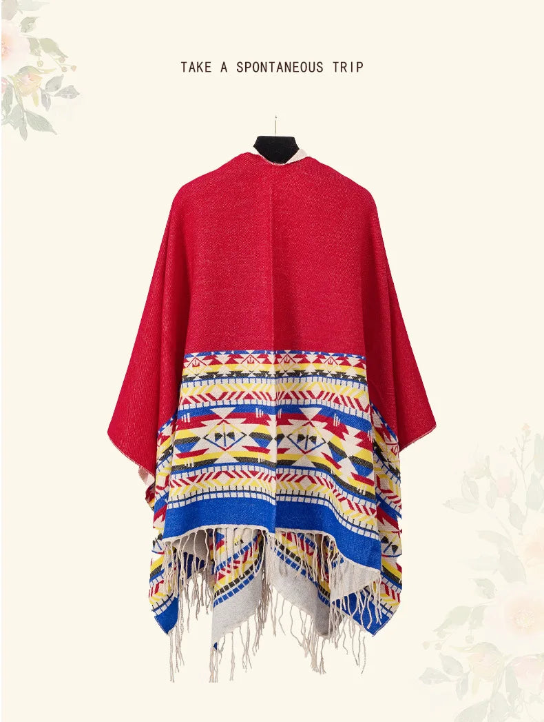 WeHello - Bohemian shawl tie dyed stripe overlay, imitation cashmere cape ethnic style warmth overlay with scarf