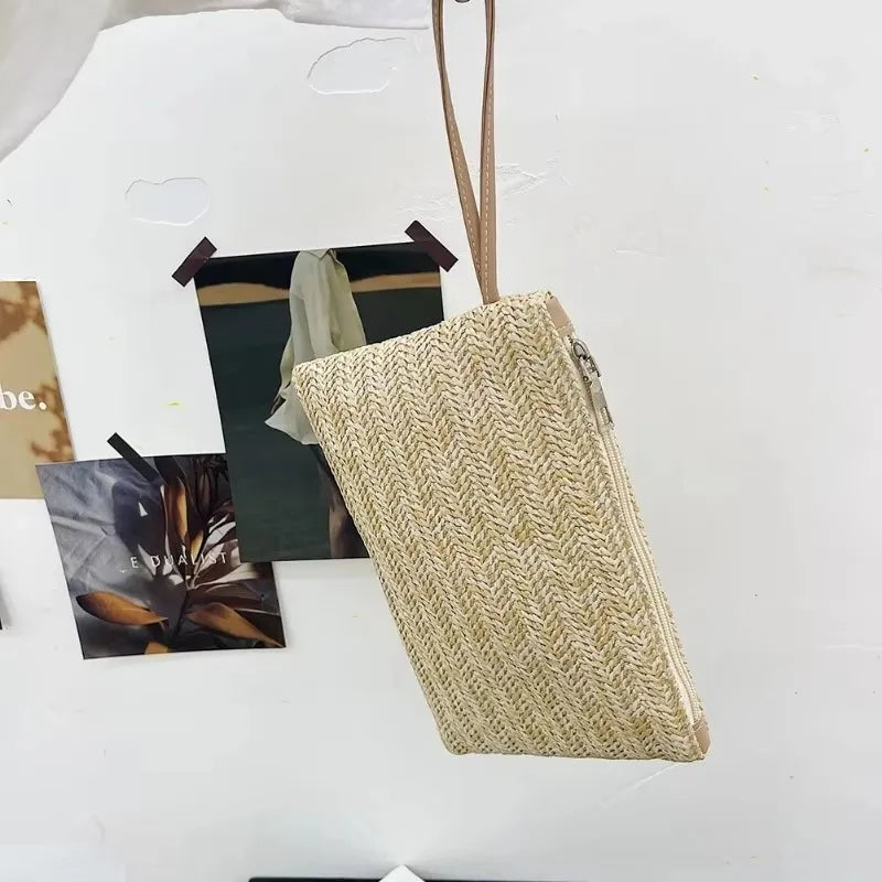 Bohemian Elegant Straw Handbag Beach Handmade Woven Women's Clutch Pure Colour Wallet Mobile Phone Coin Storage Bag
