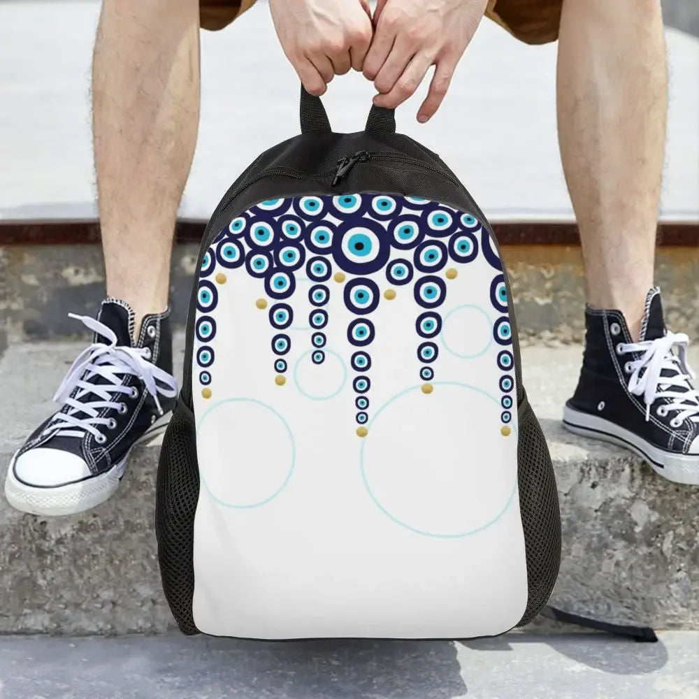 Custom Navy Blue White Mediterranean Evil Eye Mandala Pattern Backpacks Men Casual Bookbag for School College Bohemian Boho Bags