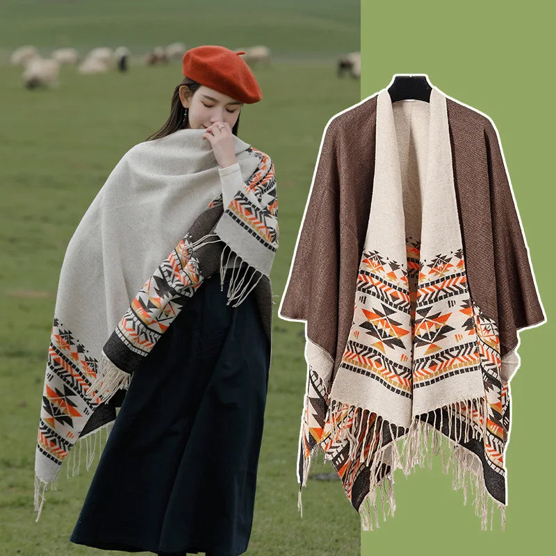 WeHello - Bohemian shawl tie dyed stripe overlay, imitation cashmere cape ethnic style warmth overlay with scarf