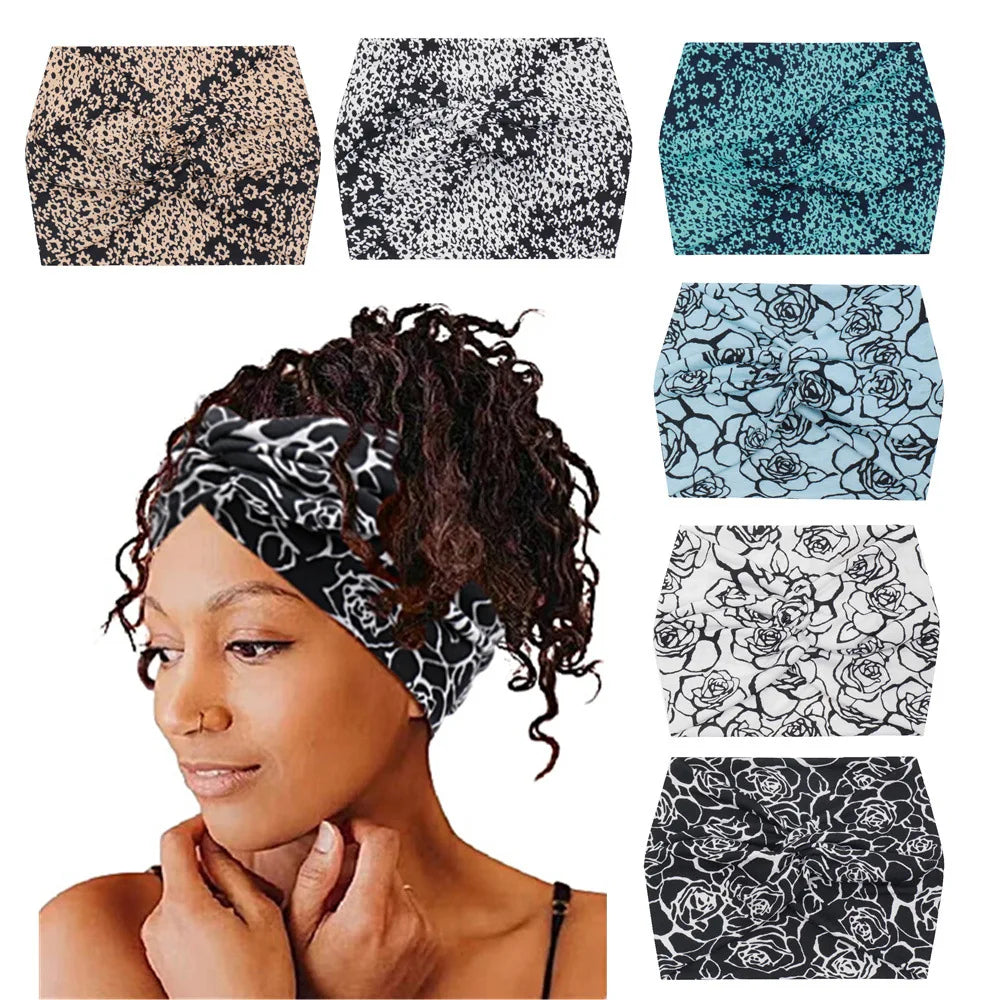 Flower Yoga Headbands For Women's Hair Extra Wide Thick Stretchy Boho African Turban Knotted Tie Dye Head Bands