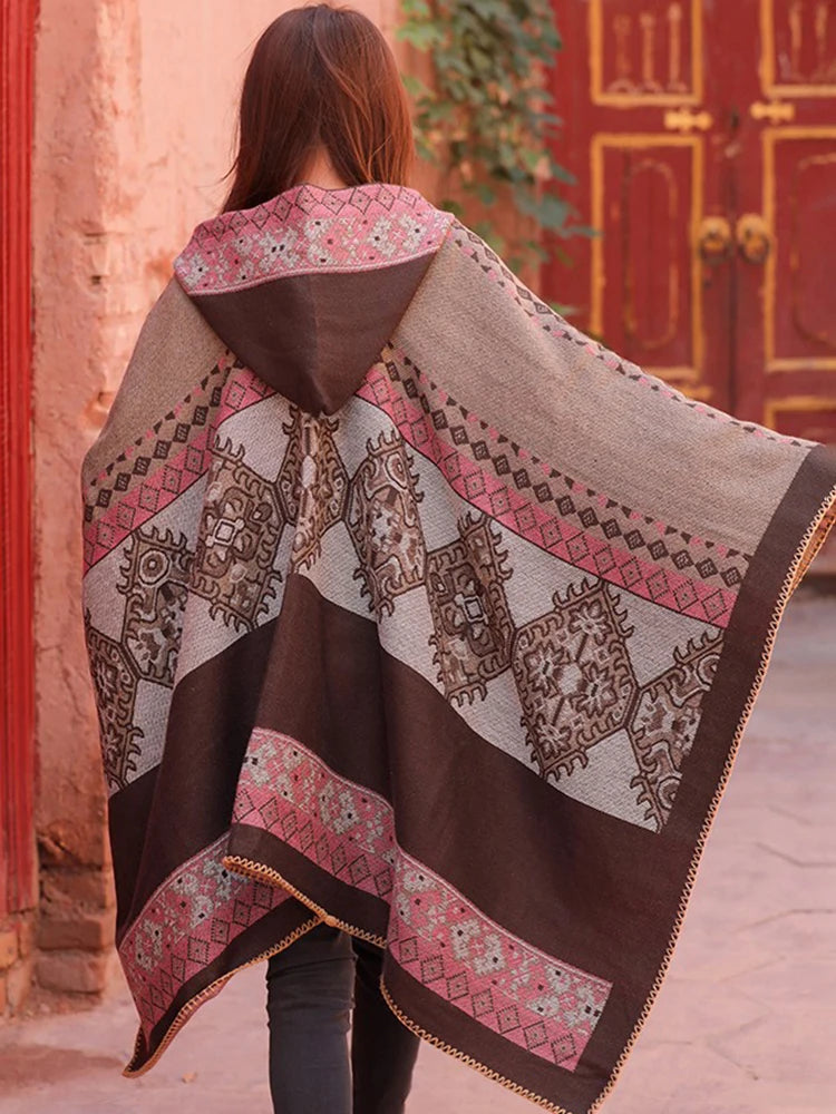 Jastie Retro Ethnic Large Shawl Ladies Fashion New Travel Knitted Hooded Poncho Women Boho Autumn Winter Warm Printed Cape Coats