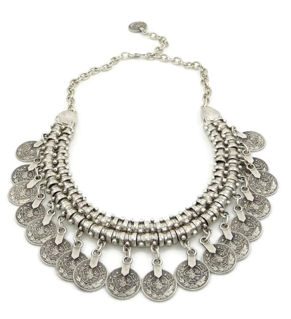 Boho Ethnic Turkish Gypsy Tribal Indian Beach Choker Bib Coin Tassel Collares Necklace For Women Vintage Silvery Afghan Jewelry