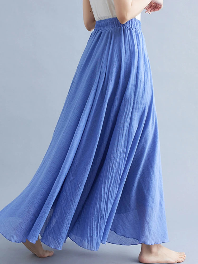 High Quality Cotton Linen Maxi Skirt Womens Casual Elastic High Waist Pleated A-Line Beach Skirts Boho Saia Feminina Faldas Jupe