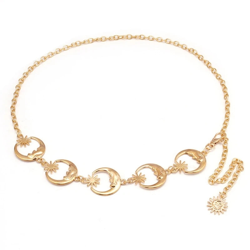 Gold Tone Body Chain Sun/Moon Waist Chain for Stylish Ladies Adjustable Length Metal Waistband for Music Festivals