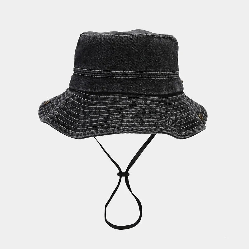 Women Girls Bucket Caps Pure Cotton Denim Stone-Washed Adjustable Safari Booney Sun Hats Wide Brim Adjustalbe