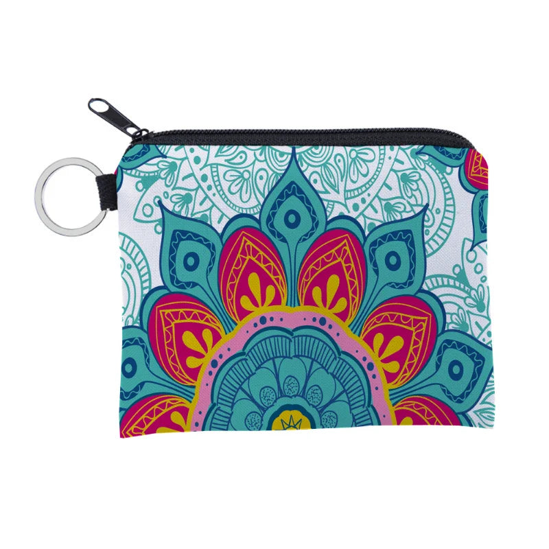 Bohemian Style Small Coin Purse Mini Wallet Coin Bag Datura flower pattern Print Waterproof with Zipper Keys Wallets for Women