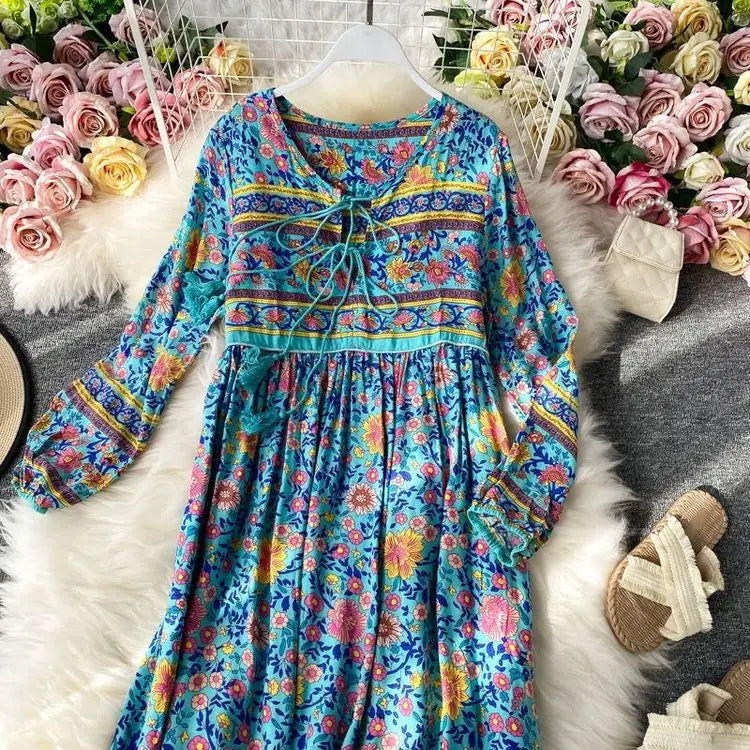 Vintage Women's Beach Skirt Dress Long Sleeve Floral Print Beach Bohemian Straight V-neck Maxi Dress Summer Ladies Dress